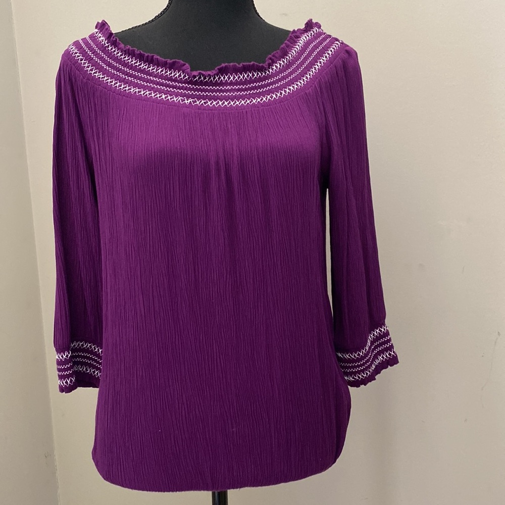INC Womens Purple Smocked Off Shoulder Contrast Stitch Peasant Blouse Medium